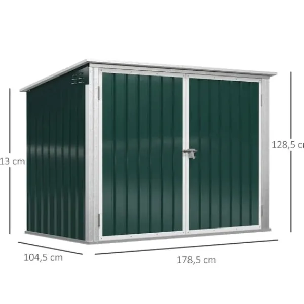 Rootz Skraldespandsskur - Apparatskab - Opbevaring til 2 Skraldespande - Låsbar - Stål - Grøn - 178,5 x 104,5 x 128,5/113 cm Sale