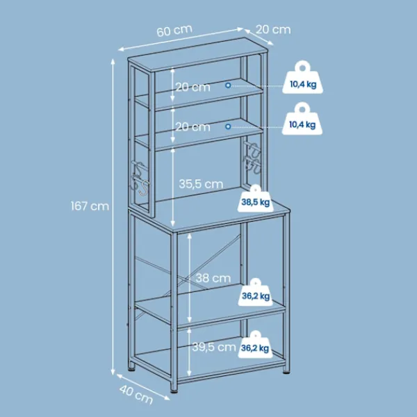 Rootz Standing Kitchen hylde - Mikrobølgehylde - 6 niveauer - Rumbesparende - 40 x 60 x 167 cm