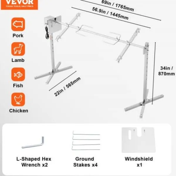 Grill-Ovne & Ovn Med Roterende Stegespyd>Rotisserigrill-sæt, 176,5x56,5x87 cm, rustfrit stål, justerbar