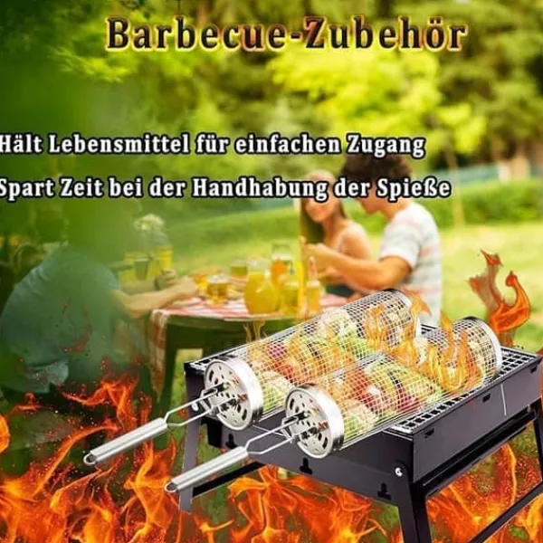Griller>Rullende grillkurv, grillkurv i rustfrit stål med aftageligt håndtag - sæt med 2, perfekt til camping og have