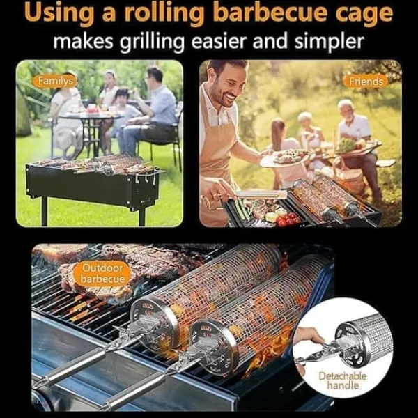 Griller>Rullende grillkurv, grillkurv i rustfrit stål med aftageligt håndtag - sæt med 2, perfekt til camping og have