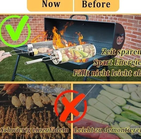 Griller>Rullende grillkurv, grillkurv i rustfrit stål med aftageligt håndtag - sæt med 2, perfekt til camping og have