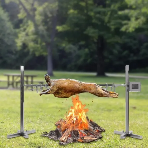 Grill-Ovne & Ovn Med Roterende Stegespyd>Rustfri pattegrisegrill, elektrisk rotisserie med motor, spyd med kødgafler, 220 V, sølv