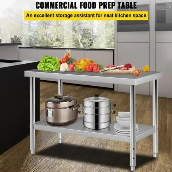 Madopvarmere>Rustfrit stål arbejdsbord, 48 x 24 x 34 tommer, 550 lbs kapacitet. Holdbart metal med justerbar hylde - ideelt til køkken, restaurant og garage.