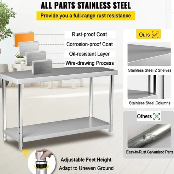 Madopvarmere>Rustfrit stål arbejdsbord, 48 x 24 x 34 tommer, 550 lbs kapacitet. Holdbart metal med justerbar hylde - ideelt til køkken, restaurant og garage.