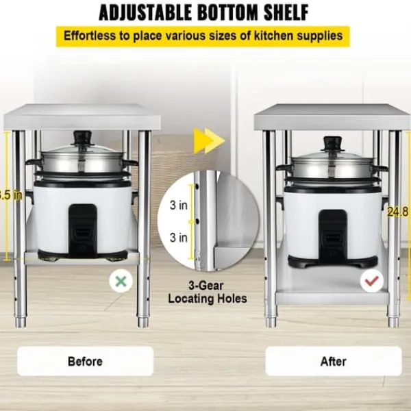 Madopvarmere>Rustfrit stål arbejdsbord, 48 x 24 x 34 tommer, 550 lbs kapacitet. Holdbart metal med justerbar hylde - ideelt til køkken, restaurant og garage.