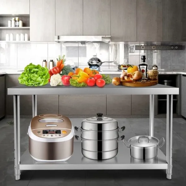 Madopvarmere>Rustfrit stål arbejdsbord, 48 x 24 x 34 tommer, 550 lbs kapacitet. Holdbart metal med justerbar hylde - ideelt til køkken, restaurant og garage.