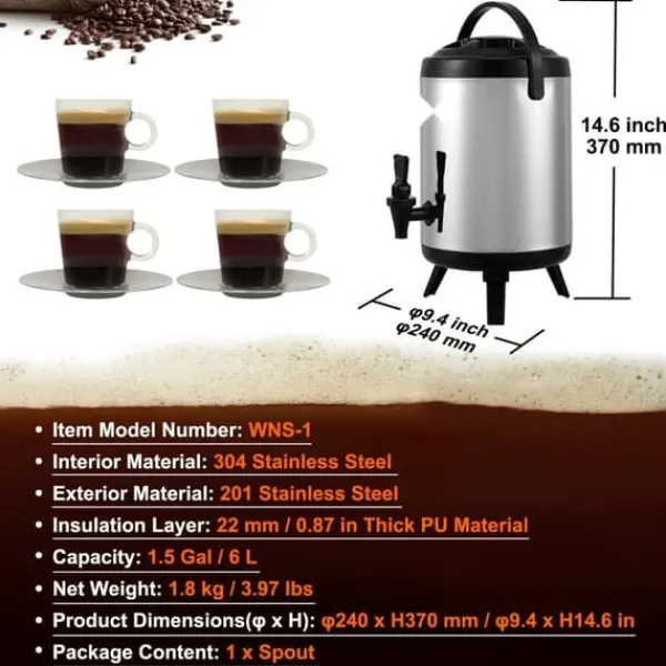 Rustfrit stål drikkevaredispenser, 1,5 gallon (6 liter), termisk servering til varme og kolde drikke. Fødevaregodkendt til te, kaffe og vand. Online