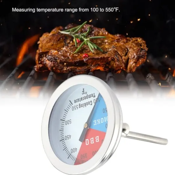 Køkkentermometre>rustfrit stål grilltermometer 100-550℉ rund hættetemperatur til grillovn grill