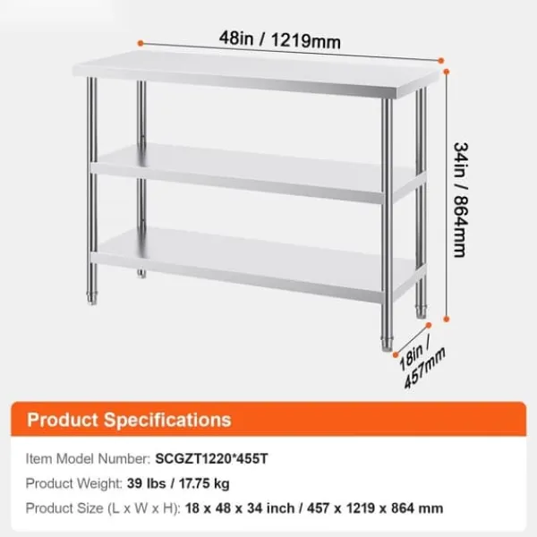 Madopvarmere>Rustfrit stål Madlavningsbord, Kommercielt køkken, Arbejdsbord 18"x48", Holdbart, Nem vedligeholdelse