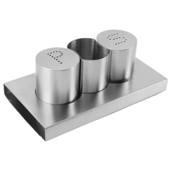 Salt- & Peberstrøere>Rustfrit stål Salt Peber Shakers Sæt Tandstikker Holder med Bakke Krydderi Dispenser Krydderi Dispenser Køkkentilbehør
