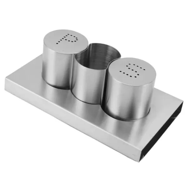 Salt- & Peberstrøere>Rustfrit stål Salt Peber Shakers Sæt Tandstikker Holder med Bakke Krydderi Dispenser Krydderi Dispenser Køkkentilbehør