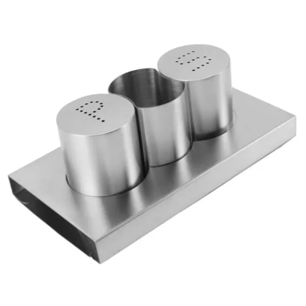 Salt- & Peberstrøere>Rustfrit stål Salt Peber Shakers Sæt Tandstikker Holder med Bakke Krydderi Dispenser Krydderi Dispenser Køkkentilbehør