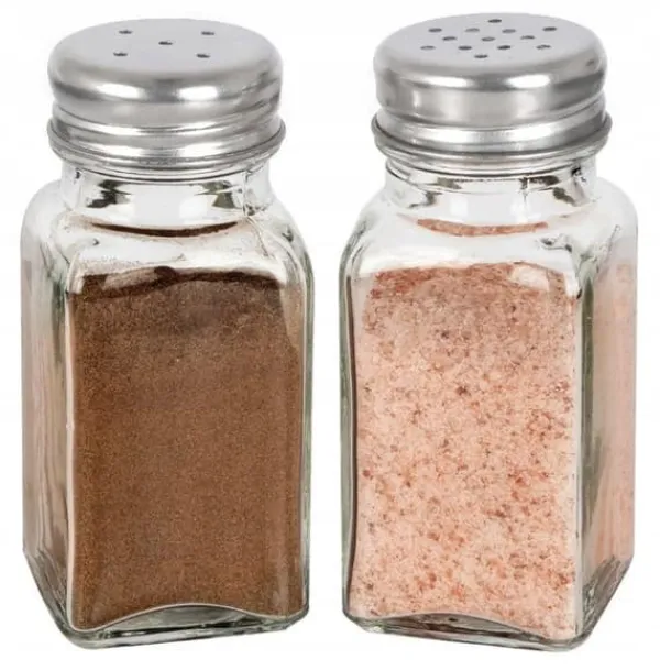 Salt- og peberbøsser, et sæt gennemsigtige krydderikrukker af glas Hot