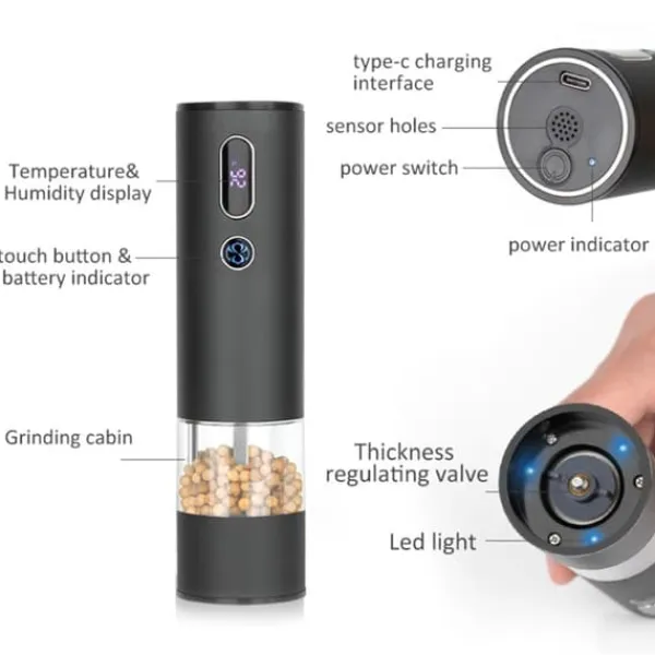 Krydderikværne>Salt Peber Krydderi kværn Batteridrevet med LED lys
