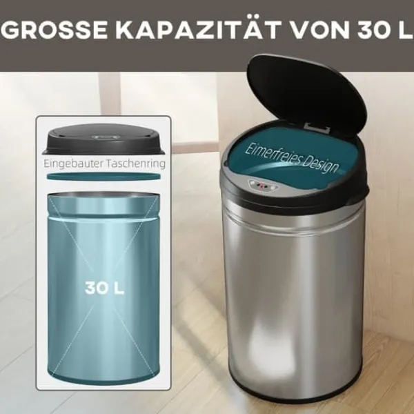 Skraldespande & Papirkurve>Sensor-skraldespand 30 L med soft close, rustfrit stål, hygiejnisk køkken