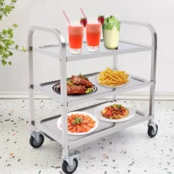 Serveringsvogn - Rustfrit stål - 3 hylder - Med hjul - Til restaurantkøkken og hotel