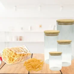 Set med 4 förvaringsbehållare i glas - FACKELMANN - Naturfärgad - Bambulock Best