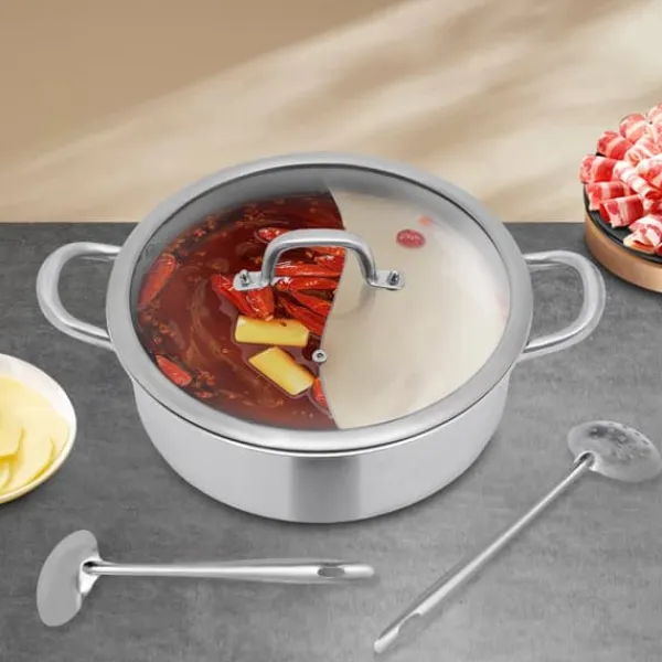 Shabu Shabu Hotpot - Gryde 28 cm - 304 Rustfrit Stål - Todelt Inddeling - Glaslåg - Induktion & Gas - Hvid - Med 2 Suppeskeer Best