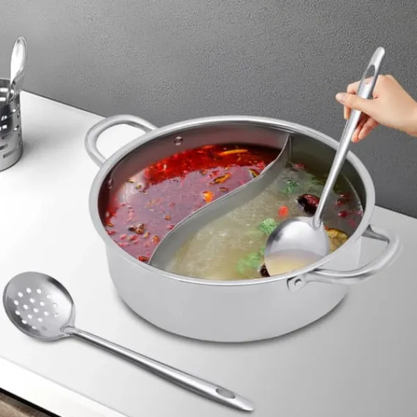 Shabu Shabu Hotpot - Gryde 28 cm - 304 Rustfrit Stål - Todelt Inddeling - Glaslåg - Induktion & Gas - Hvid - Med 2 Suppeskeer Best