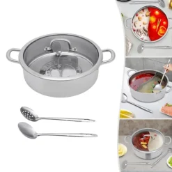 Shabu Shabu Hotpot - Gryde 28 cm - 304 Rustfrit Stål - Todelt Inddeling - Glaslåg - Induktion & Gas - Hvid - Med 2 Suppeskeer Best
