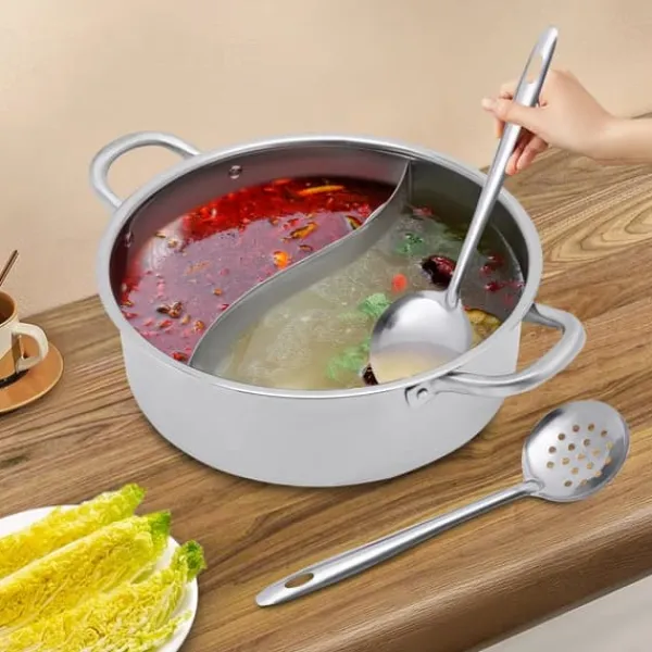 Shabu Shabu Hotpot - Gryde 28 cm - 304 Rustfrit Stål - Todelt Inddeling - Glaslåg - Induktion & Gas - Hvid - Med 2 Suppeskeer Best