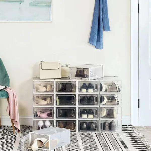 Skobokse, pakke med 8 stabelbare organisatorer til skoopbevaring, foldbare og alsidige til sneakers, passer op til UK størrelse 10,5, gennemsigtig og | CDON Outlet