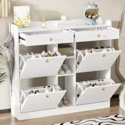 Skoskab 110 x 26 x 100 cm - med 4 låger - 2 skuffer - 3 åbne rum - hvid Discount