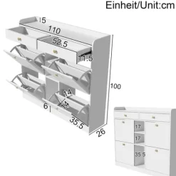 Skoskab 110 x 26 x 100 cm - med 4 låger - 2 skuffer - 3 åbne rum - hvid Discount