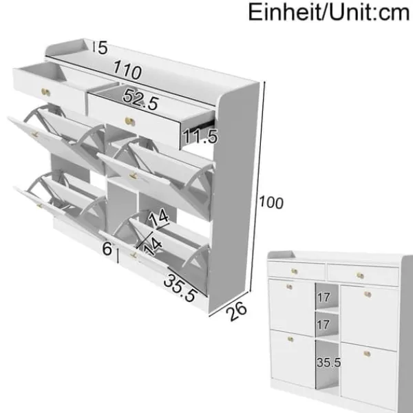 Skoskab 110 x 26 x 100 cm - med 4 låger - 2 skuffer - 3 åbne rum - hvid Discount