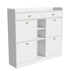 Skoskab 110 x 26 x 100 cm - med 4 låger - 2 skuffer - 3 åbne rum - hvid Discount