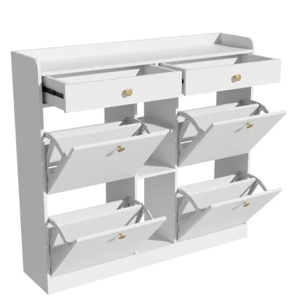 Skoskab 110 x 26 x 100 cm - med 4 låger - 2 skuffer - 3 åbne rum - hvid Discount