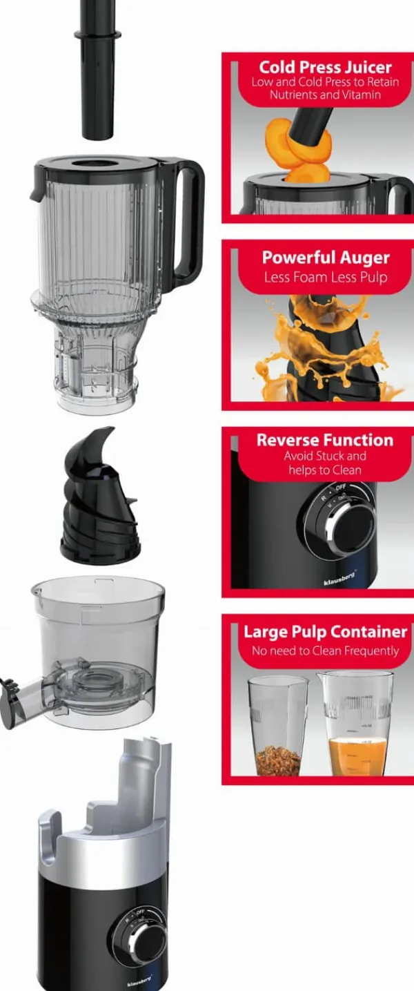 Slow juicer 180W til frugt og grønt KOLDPRESSE KLAUSBERG KB-7881 Best