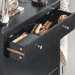 SoBuy Smalt skoskab med 2 klapdøre – 80X25X108cm | Pladsbesparende | Sort FSR89-SCH Hot
