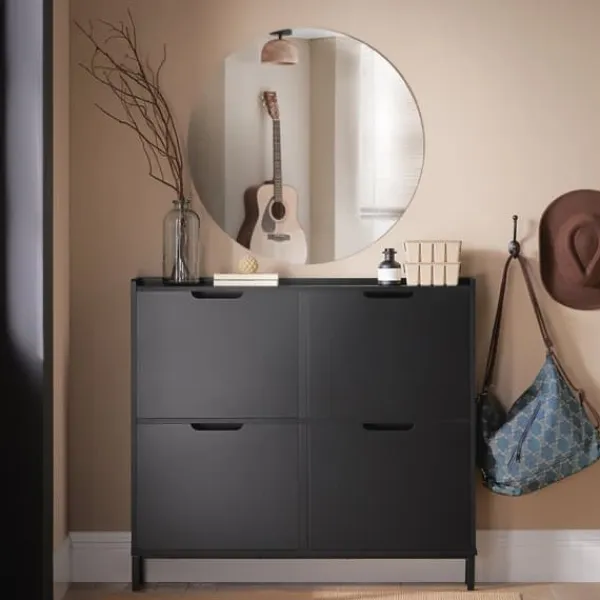 Tøj- & Garderobeopbevaring>SoBuy Smalt skoskab 100x19x90cm - 4 klapdøre | Pladsbesparende | Sort FSR100-SCH