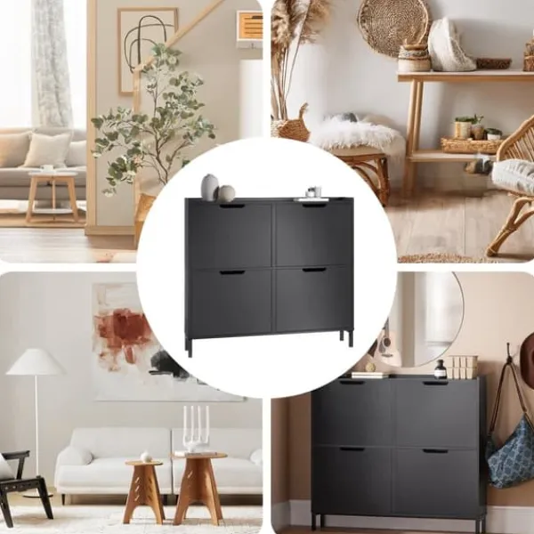 Tøj- & Garderobeopbevaring>SoBuy Smalt skoskab 100x19x90cm - 4 klapdøre | Pladsbesparende | Sort FSR100-SCH
