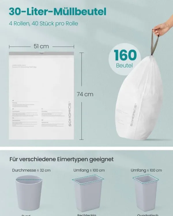 Skraldeposer>SONGMICS affaldsposer 30 L med snor og i alt 80 stk. cremehvide