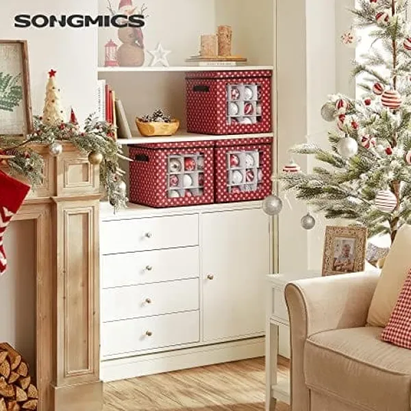Songmics Christmas Bauble Storage Boxes, Sæt med 3 opbevaringskubbeholdere til julepynt, rød Clearance