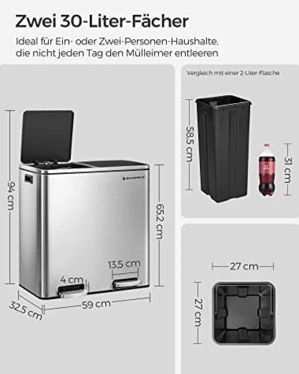 Skraldespande & Papirkurve>SONGMICS Dobbeltspand, 2 x 30 L Køkkenspand med dobbeltrum, Sølv og Sort
