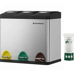 Skraldespande & Papirkurve>Songmics Recycling Bin, 3-in-1 Pedal Bin, 24-Liter Metal Rubbish Bin, sølv