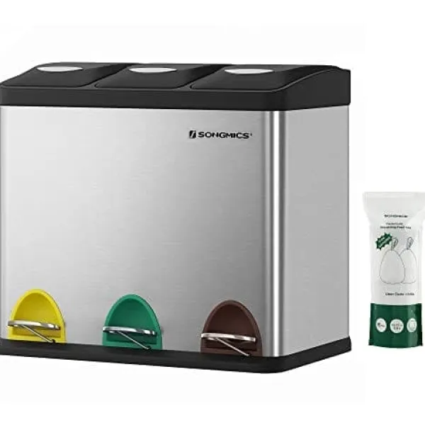 Skraldespande & Papirkurve>Songmics Recycling Bin, 3-in-1 Pedal Bin, 24-Liter Metal Rubbish Bin, sølv