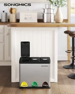 Skraldespande & Papirkurve>Songmics Recycling Bin, 3-in-1 Pedal Bin, 24-Liter Metal Rubbish Bin, sølv