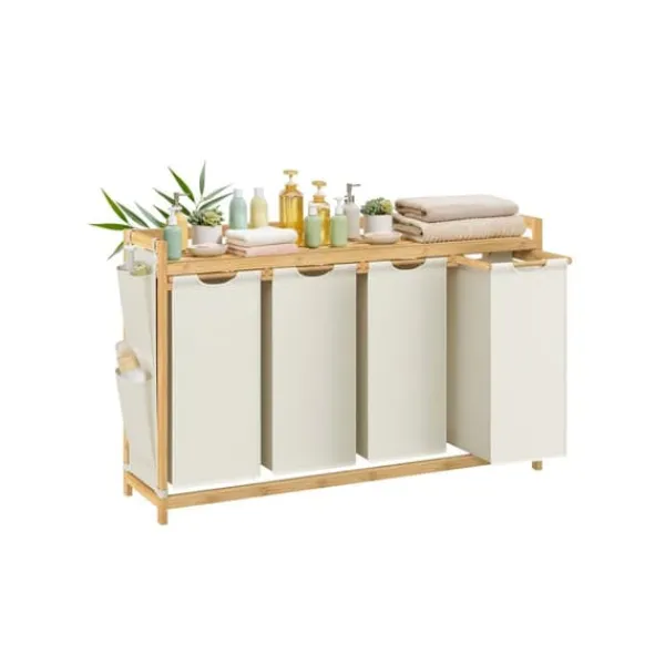 SONGMICS vasketøjskurv 4 rum 4 x 50 L 124,6 x 33 x 78 cm Cremehvid Clearance