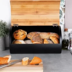 Sort metalbrødkasse i bambus til brød Clearance