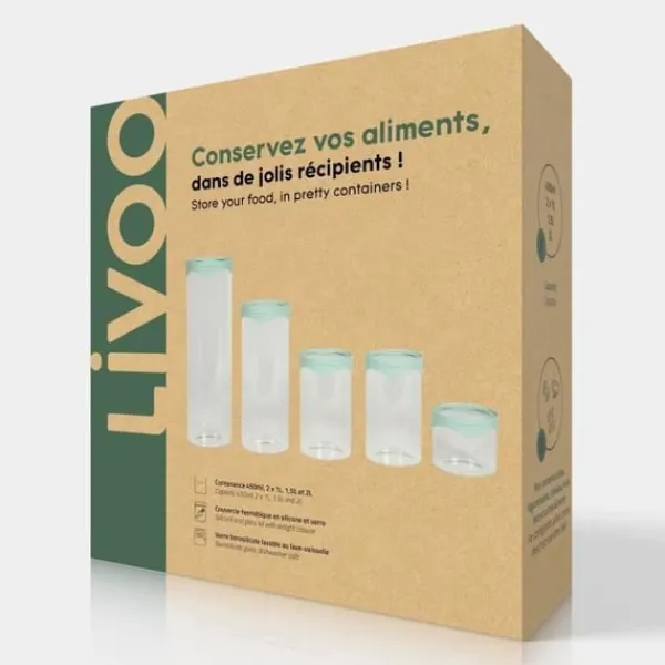 Opbevaringsdåser>Sæt med 5 opbevaringskrukker - LIVOO - MEN399 - 450 ml - Borosciliatglas - Silikone og glaslåg