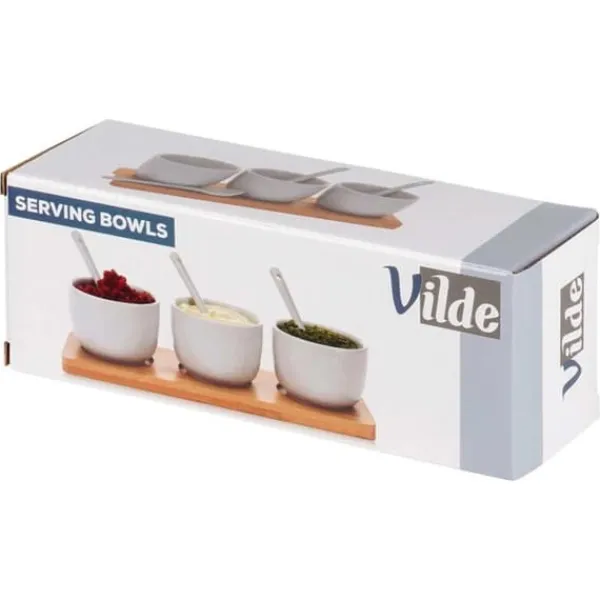 Tilbehør Til Madservering>SÆT SKÅLE MED SKE PÅ BRÆD TIL SERVERING AF SAVSER OG SNACKS 139687