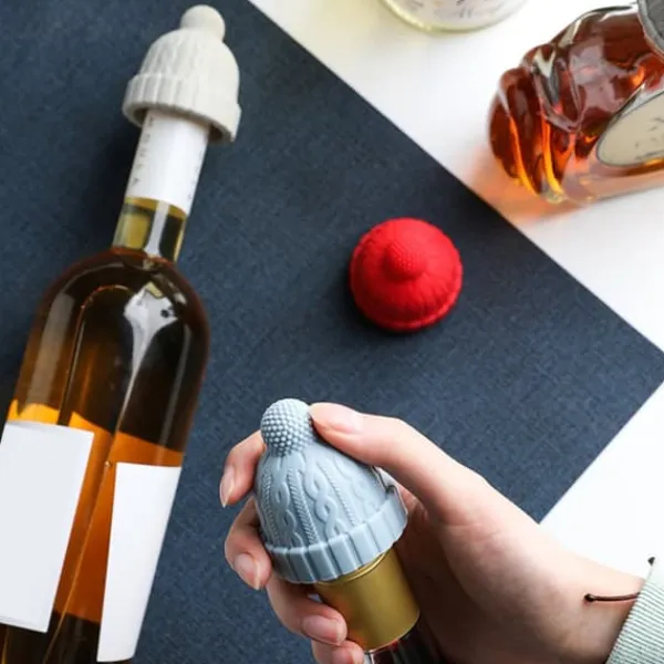 Flaskepropper>Stickad mössa formad vinflaskpropp Silikon Wine Saver Sealer Preserver Återanvändbar för Beer Whisky Blue