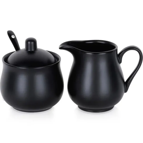 Serveringsfad & Skåle>Sukkerskål og flødekande, sort porcelæn, 3 dele.