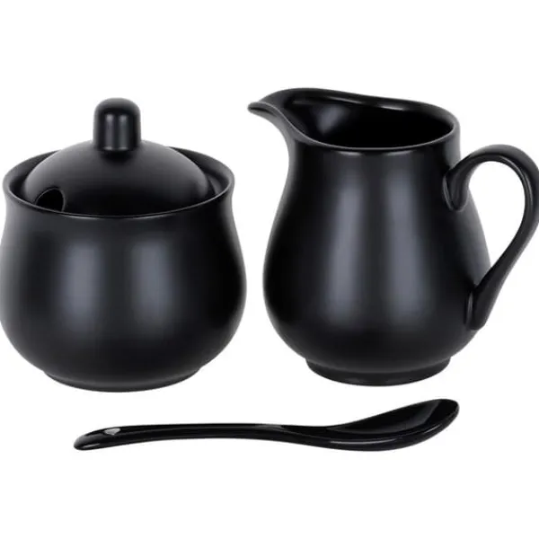 Serveringsfad & Skåle>Sukkerskål og flødekande, sort porcelæn, 3 dele.