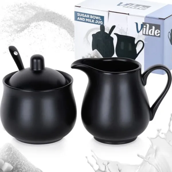 Serveringsfad & Skåle>Sukkerskål og flødekande, sort porcelæn, 3 dele.